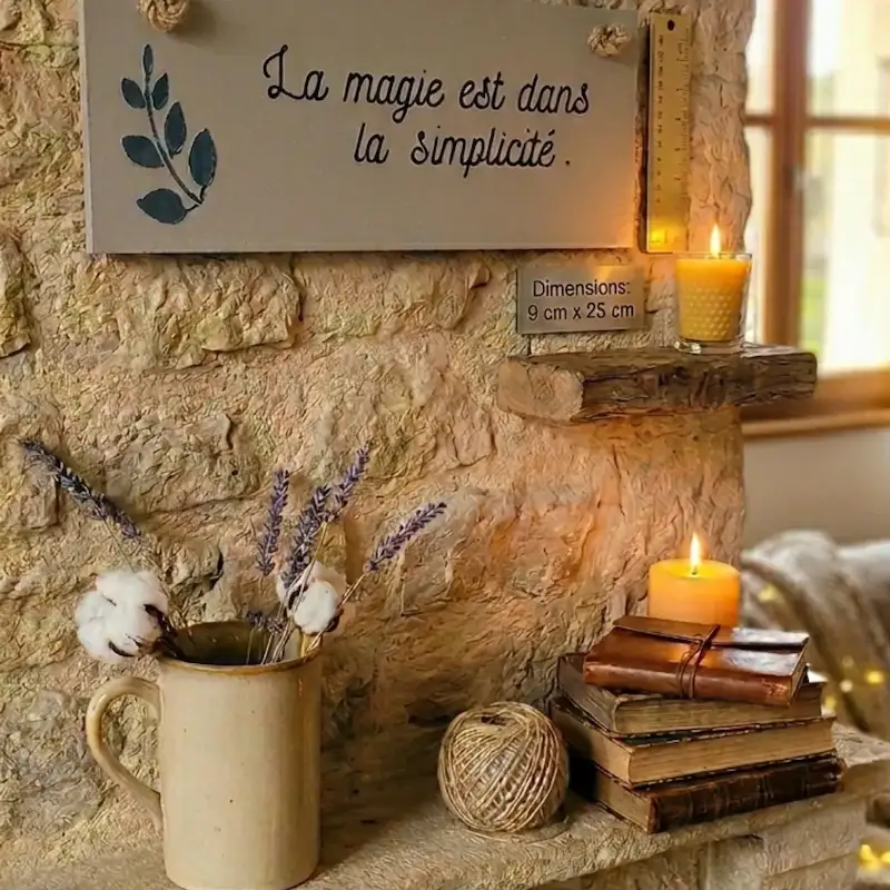 Pancarte en bois, artisanale créée avec des effets décos et une citation : la magie est dans la simplicité.