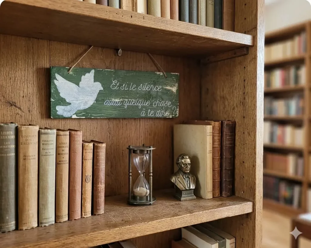 Pancarte zen bois "Et si le silence avait quelque chose à te dire ?" dans une bibliothèque - L'art de décorer