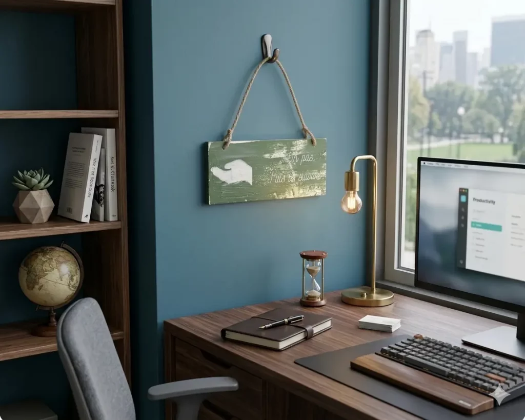 Pancarte zen bois "Un pas. Puis le suivant." accrochée dans un bureau - L'art de décorer