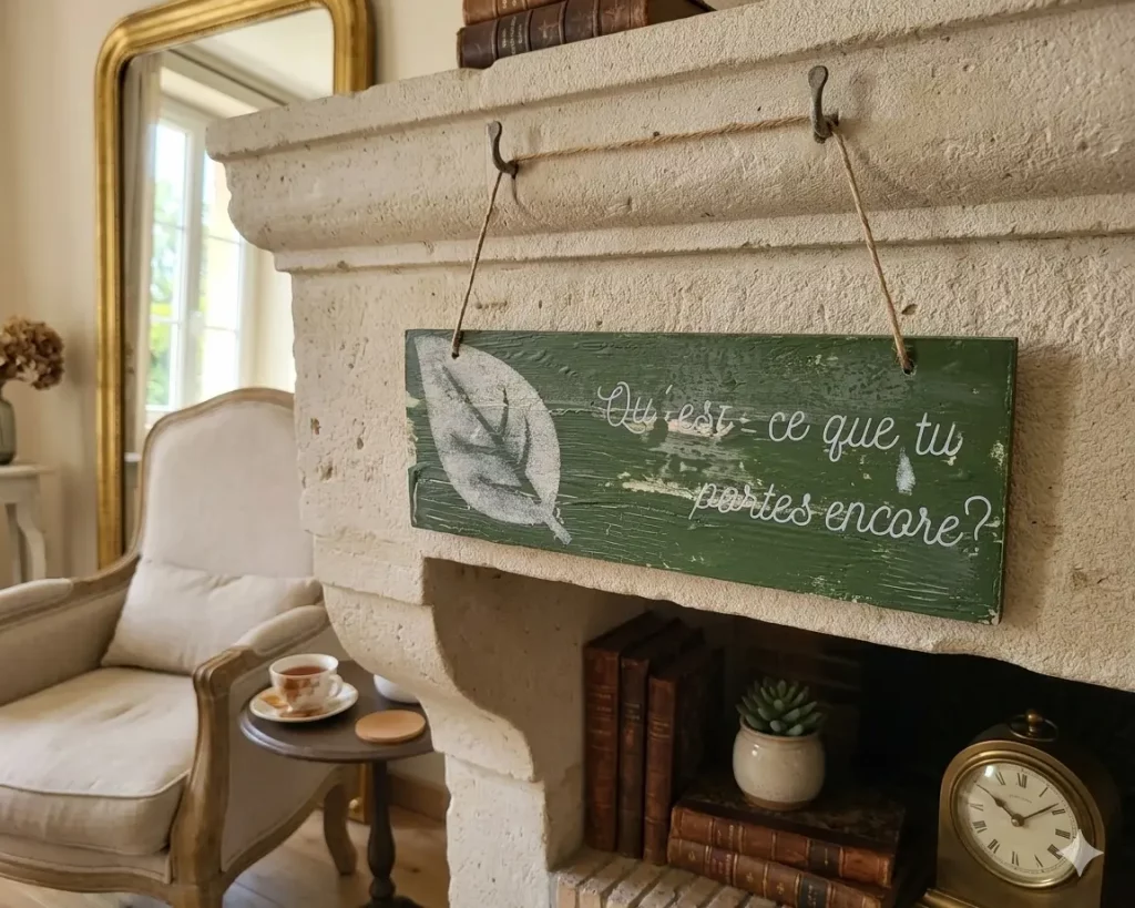 Pancarte zen bois "Qu'est-ce que tu portes encore ?" dans un salon - L'art de décorer