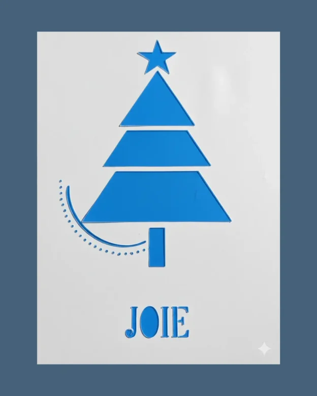 ochoir sapin de Noël « Joie » format A4 en mylar réutilisable — motif épuré étoile et arc de points — L'Art de Décorer