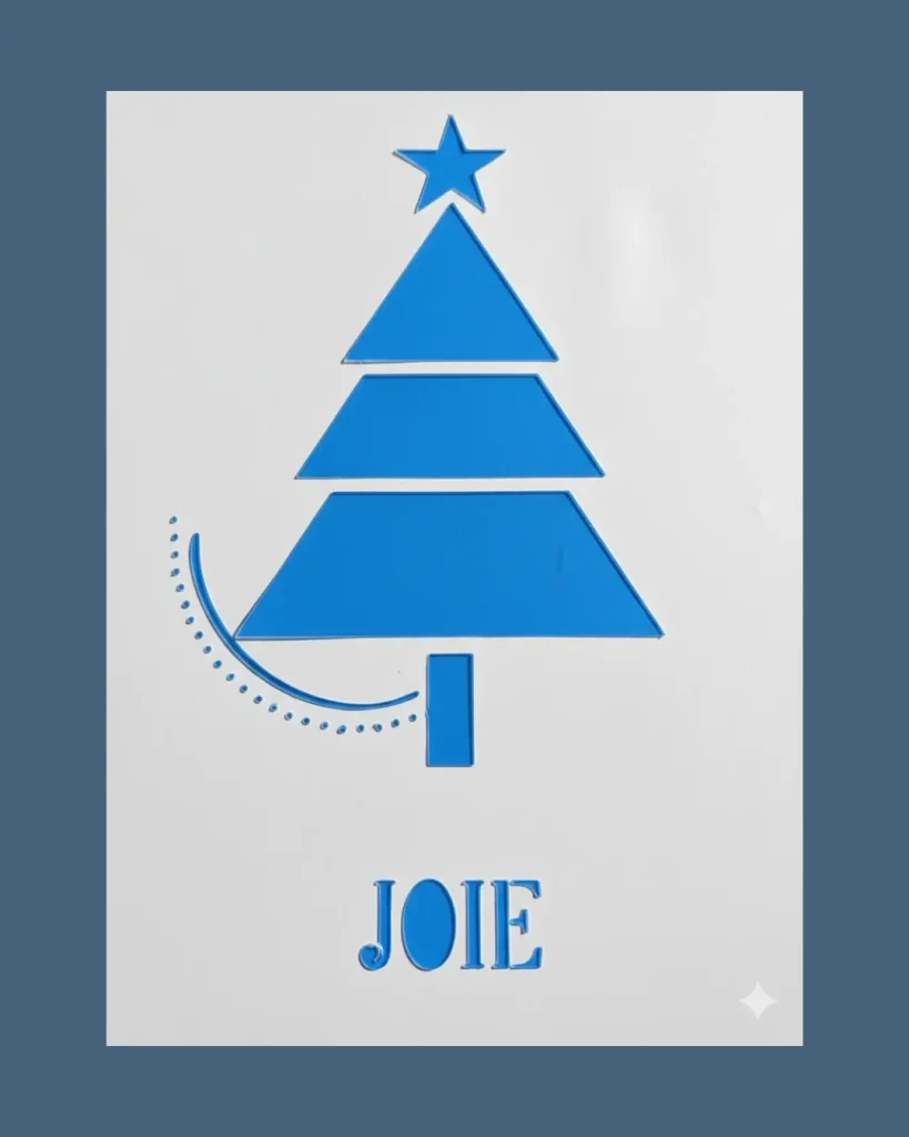 ochoir sapin de Noël « Joie » format A4 en mylar réutilisable — motif épuré étoile et arc de points — L'Art de Décorer